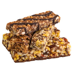 vegan dessert: several cereal bars with raisins and honey, isolated on white, short focus