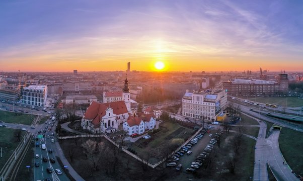 Beautiful, colorful sunset over Wrocław aerial view