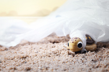 Baby sea turtle tangled in a  plastic bag washed. Environmentalism and plastic awareness concept background.