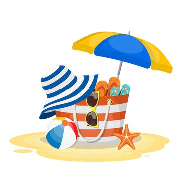Summer accessories for the beach. Bag, sunglasses, flip flops, starfish, ball, Umbrella . Vector illustration in flat style
