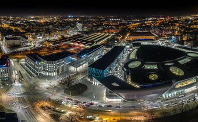Wrocław panorama at night aerial view - obrazy, fototapety, plakaty