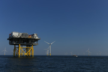 view of the offshore windmills of Rampion windfarm off the coast of Brighton, Sussex, UK