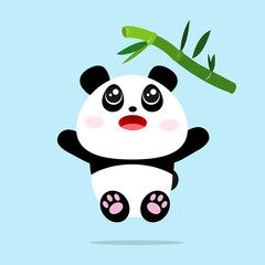 Cute panda cartoon jump to eat bamboo leaves vector. Vector concept illustration for design.