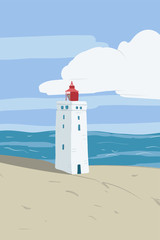 Bright beach sand dunes with the famous danish landmark lighthouse with blue sky background. Rubjerg Knude Lighthouse, Lønstrup in North Jutland in Denmark.Vector hand drawn illustration - 263860177