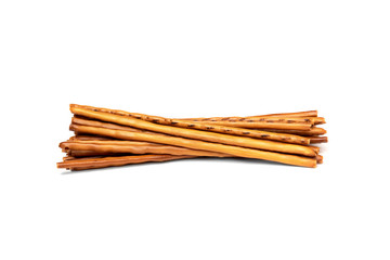 Cracker pretzel sticks isolated on white background.