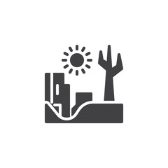 Desert rocks landscape vector icon. filled flat sign for mobile concept and web design. Dead tree with mountains and sun glyph icon. Symbol, logo illustration. Pixel perfect vector graphics