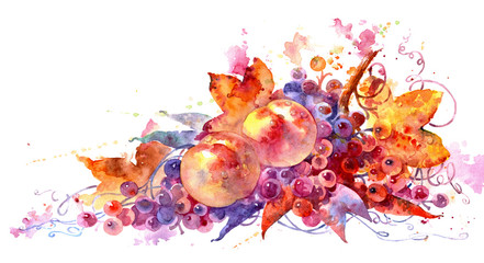 Peaches and grapes. Juicy fruits. Beautiful fruits on a white background. Watercolor illustration. Bright and expressive painting. Beautiful watercolor fruits.