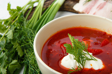 Vegetable soup with beets, rustic style,Traditional Ukrainian Russian borscht. Selective focus