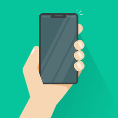 Smartphone in hand vector illustration, flat cartoon hand holding mobile phone or cellphone modern isolated clipart