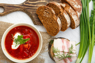 Vegetable soup with beets, rustic style,Traditional Ukrainian Russian borscht. Selective focus