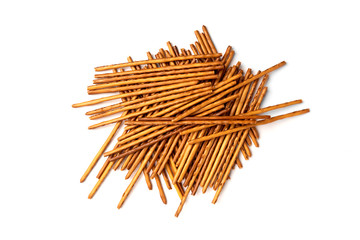 Cracker pretzel sticks isolated on white background.