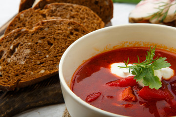 Vegetable soup with beets, rustic style,Traditional Ukrainian Russian borscht. Selective focus