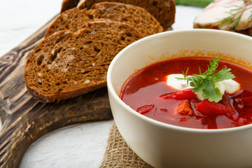 Vegetable soup with beets, rustic style,Traditional Ukrainian Russian borscht. Selective focus