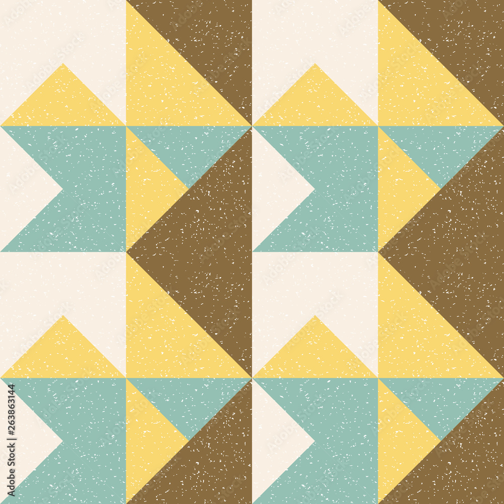 Poster ..Triangles background. Vector geometric seamless pattern in pastel retro colors and textured simple shapes.