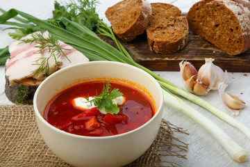 Vegetable soup with beets, rustic style,Traditional Ukrainian Russian borscht. Selective focus