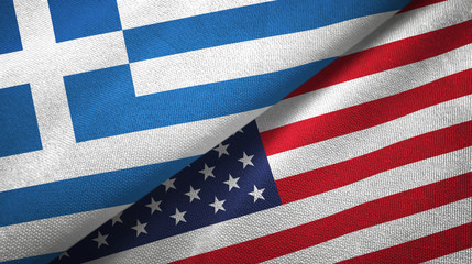 Greece and United States two flags textile cloth, fabric texture - obrazy, fototapety, plakaty