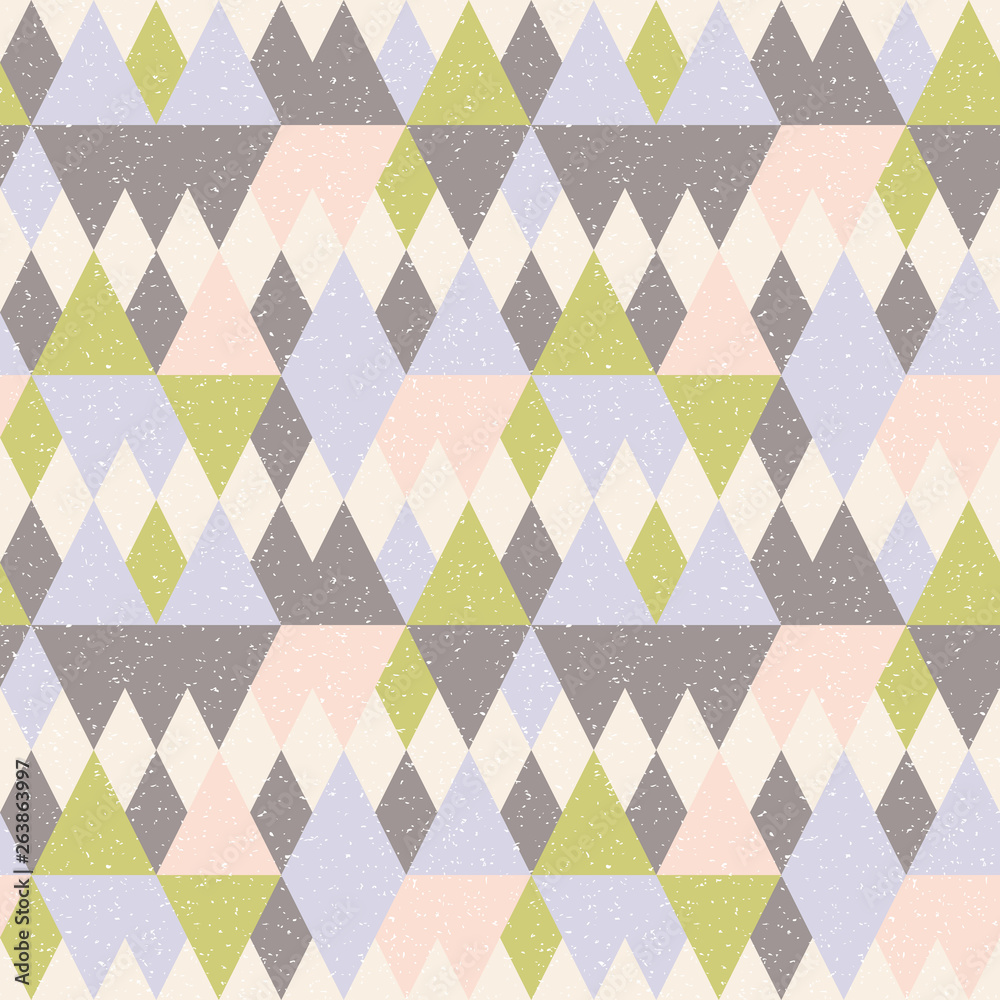 Poster ..Triangles background. Vector geometric seamless pattern in pastel retro colors and textured simple shapes.