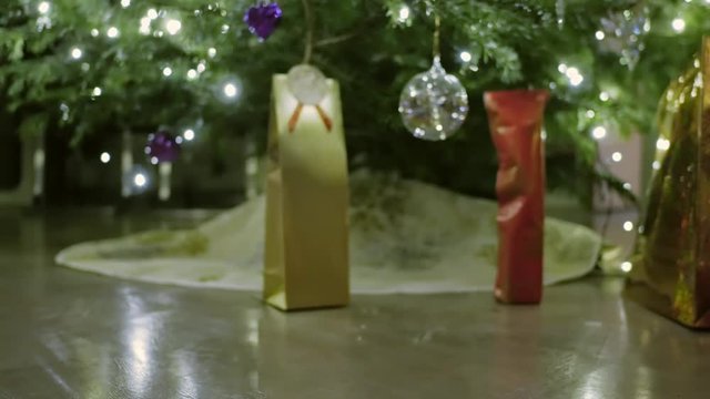Male hands take away a present from underneath the Christmas tree. The Gift lies beneath the Pine which is nicely illuminated by a light string.