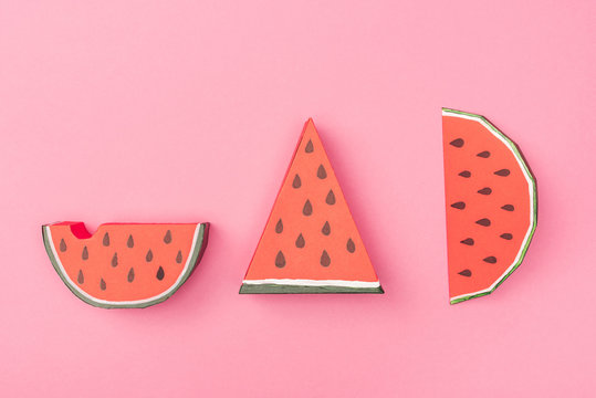 Top View Of Handmade Paper Watermelon Slices Isolated On Pink