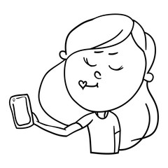 Set of drawings in vector, book for coloring, cartoon character, girl with mobile phone, takes selfie photo