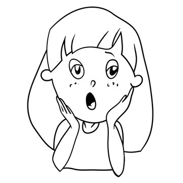 Drawings In Vector, Coloring Book, Cartoon Character, Girl With A Surprised Frightened Face