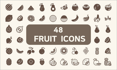 Set of 48 fruit and vegetarian food Icons solid style.  Contains such Icons as pineapple, orange, lemon, melon, pomegranate, peach, strawberry, kiwi fruit And Other Elements. 