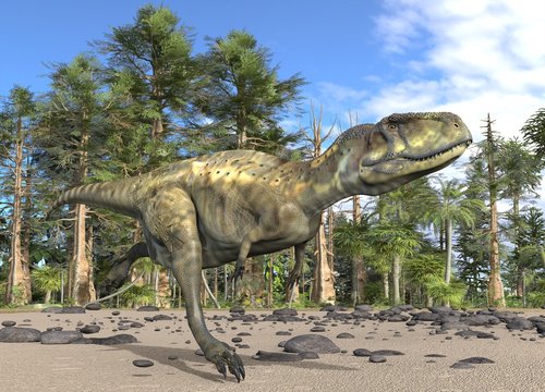 Dinosaur 3d illustration against the background of the Mesozoic Forest