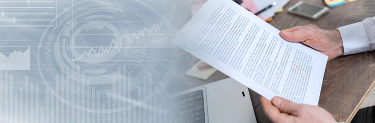 Obraz premium Checking a document. panoramic banner