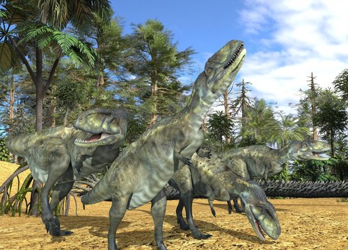 Dinosaurs 3d illustration against the background of the Mesozoic Forest