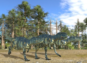 Dinosaurs 3d illustration against the background of the Mesozoic Forest