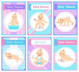 Baby shower vector, happy childhood flat style. Crawling and active children eating food holding spoon and playing with toys. Water with bubbles and duck