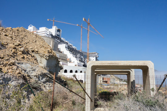 CARBONERAS, ALMER&Iacute;A, ANDALUSIA, SPAIN. March 3, 2019: Overview of the hotel the Algarrobico. Illegal construction on the coast on a foggy day.