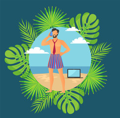 Freelancer or businessman standing on sand framed by palm tree tropical leaves. Round boarder with male in tie and shorts speaking phone on seaside vector