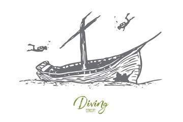 Underwater, boat, seabed, ship, diving concept. Hand drawn isolated vector.