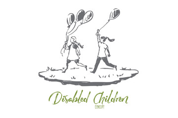 Handicapped, girl, balloon, friend, disability concept. Hand drawn isolated vector.
