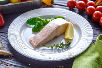 Steamed salmon with lemon.