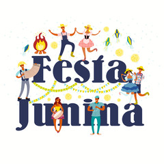 Fototapeta premium Festa Junina poster with dancing people, musicians, lanterns, bunting, fireworks, bonfire, Portuguese text. Hand drawn vector illustration. Flat style design. Concept for holiday banner, flyer