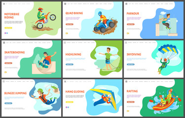 Highlining and motorbike biking, quad bike vector, active lifestyle. Parkour and skateboarding, skydiving and rafting in boat, team in water sports. Website or webpage template, landing page flat © robu_s