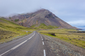 Ring Road along Laekjavik coast in southeastern Iceland