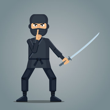 recommend clip art: Illustration of a ninja with a sword showing keep quiet hand gesture. Confident ninja in black clothing isolated on abstract background. Flat style vector illustration