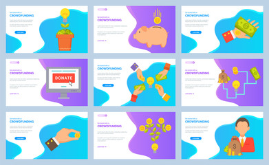 Crowdfunding vector, person with money, pig and gold coin, monitor showing donate sign. Profit and financial stability gain benefits business. Website or webpage template, landing page flat style