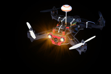 Dron, quadro copter Isolated on black background, closeup.