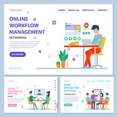 Online workflow management vector, team interaction activities and video conference with usage of new technologies and business innovations. Website or webpage template, landing page flat style