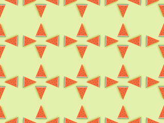 top view of seamless pattern with handmade paper watermelon slices isolated on green