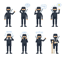 Set of ninja characters posing in different situations. Cheerful ninja talking on phone, thinking, surprised, laughing, crying, pointing up, injured. Flat style vector illustration