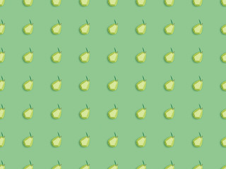 top view of seamless pattern with handmade paper pears isolated on green