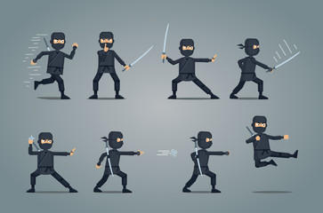 Set of ninja characters showing different actions. Confident ninja with sword running, attacking, throwing star, jumping, kicking, hitting. Simple style vector illustration © paper_owl