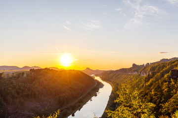 sunset at little bastei at river Elbe, Bad Schandau, Germany