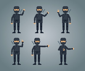Set of ninja characters showing different hand gestures. Cheerful ninja showing thumb up gesture, pointing up, greeting, waving, victory sign. Flat style vector illustration