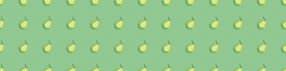 Panoramic shot of seamless pattern with handmade paper pears isolated on green